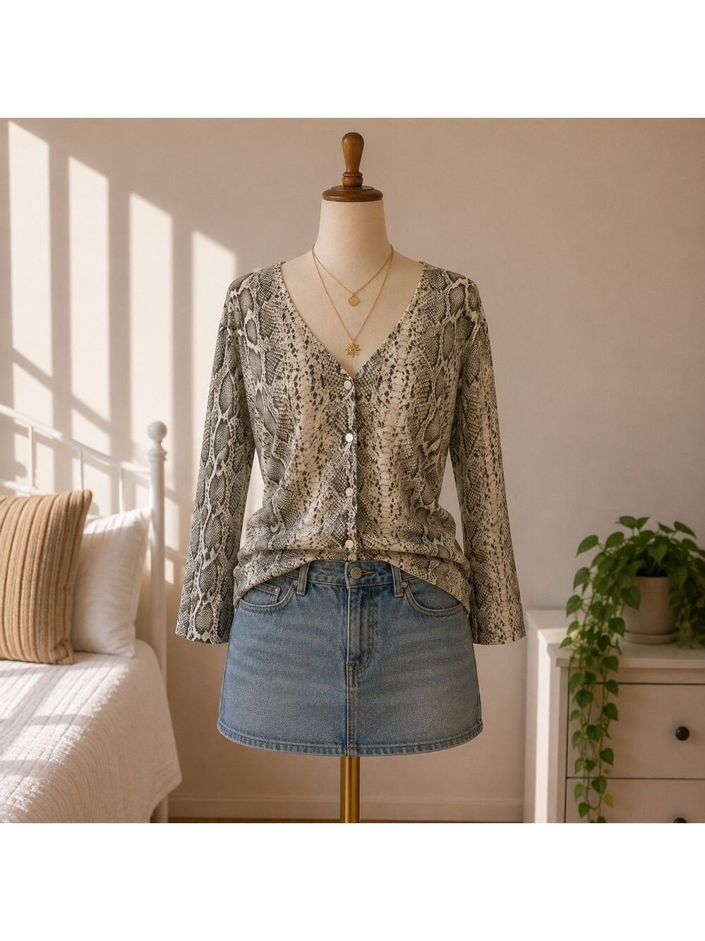 Van Heusen Studio Snakeskin Print Cardigan Womens Large Grey White Indie Sleaze